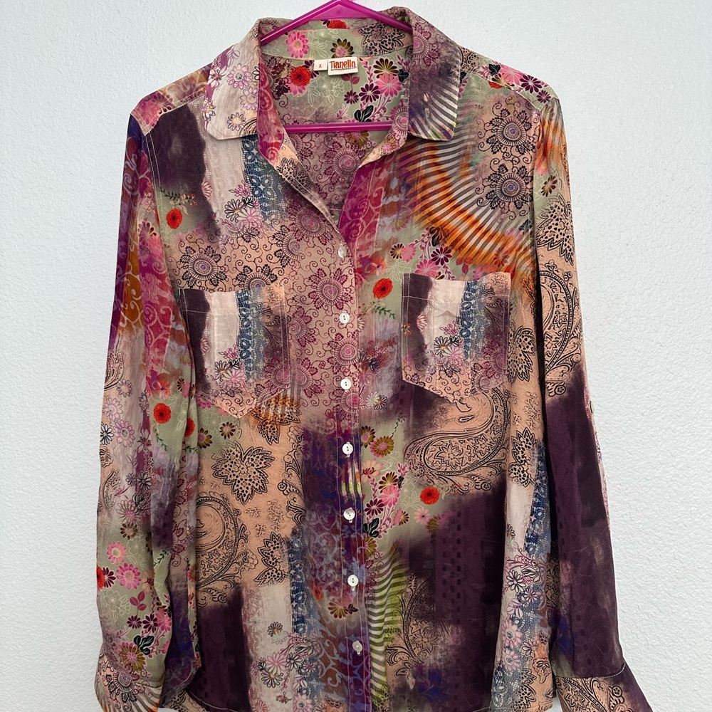 Tianello "Cecilia" Colorful Print Washable Silk Blouse